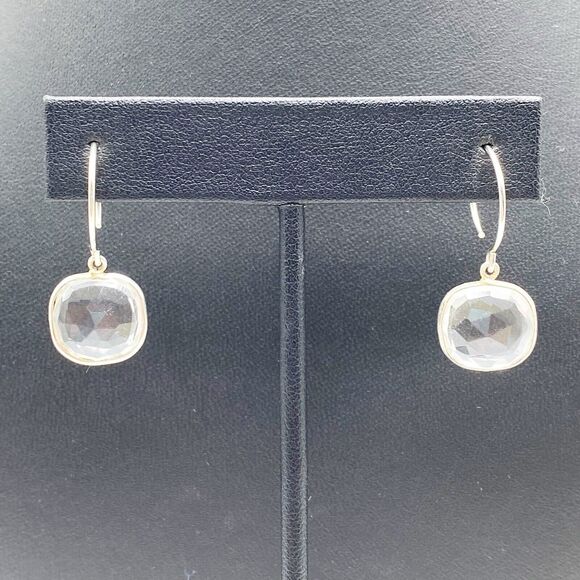 Sterling Silver Clear Faceted Glass Dangle Drop Pierced Earrings Bezel Set 1.25" - Picture 1 of 8